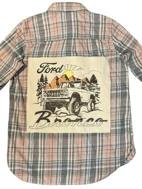 Ford Bronco Upcycled Flannel Top Tee Shirt Boyfriend